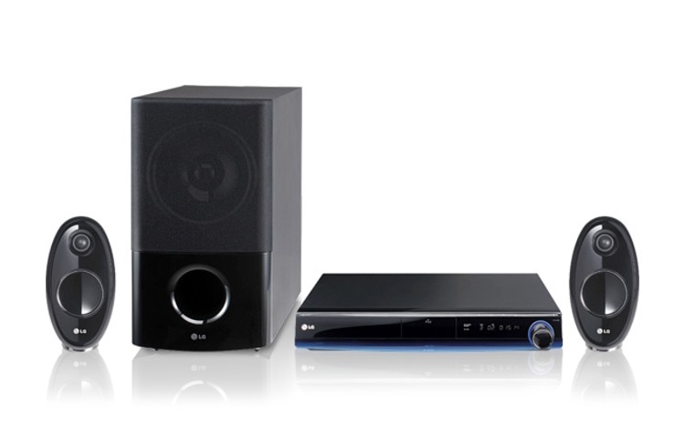 Visning forfra af LG&#39;s 2.1 Blu-ray-hjemmebiosystem med YouTube HB354BS