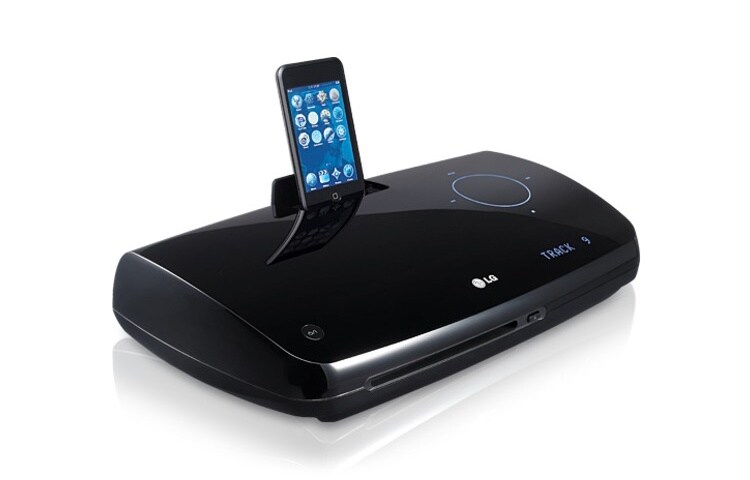 Visning forfra af LG&#39;s 2.1 Dvd-hjemmebiosystem med iDock HT33S