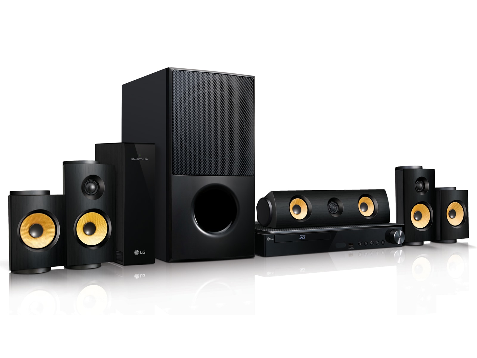 Visning forfra af 5.1-kanals intelligent hjemmebiograf 3D hjemmebiografsystem med Blu-ray™ og dvd LHB725W