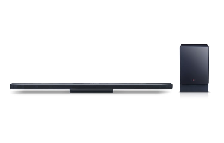 Visning forfra af  Tynd og stilfuld enhed med kraftfuld effekt på 310W og 2.1-kanal med bluetooth-forbindelse. Vægmonterbar og trådløs subwoofer.  NB4530AN