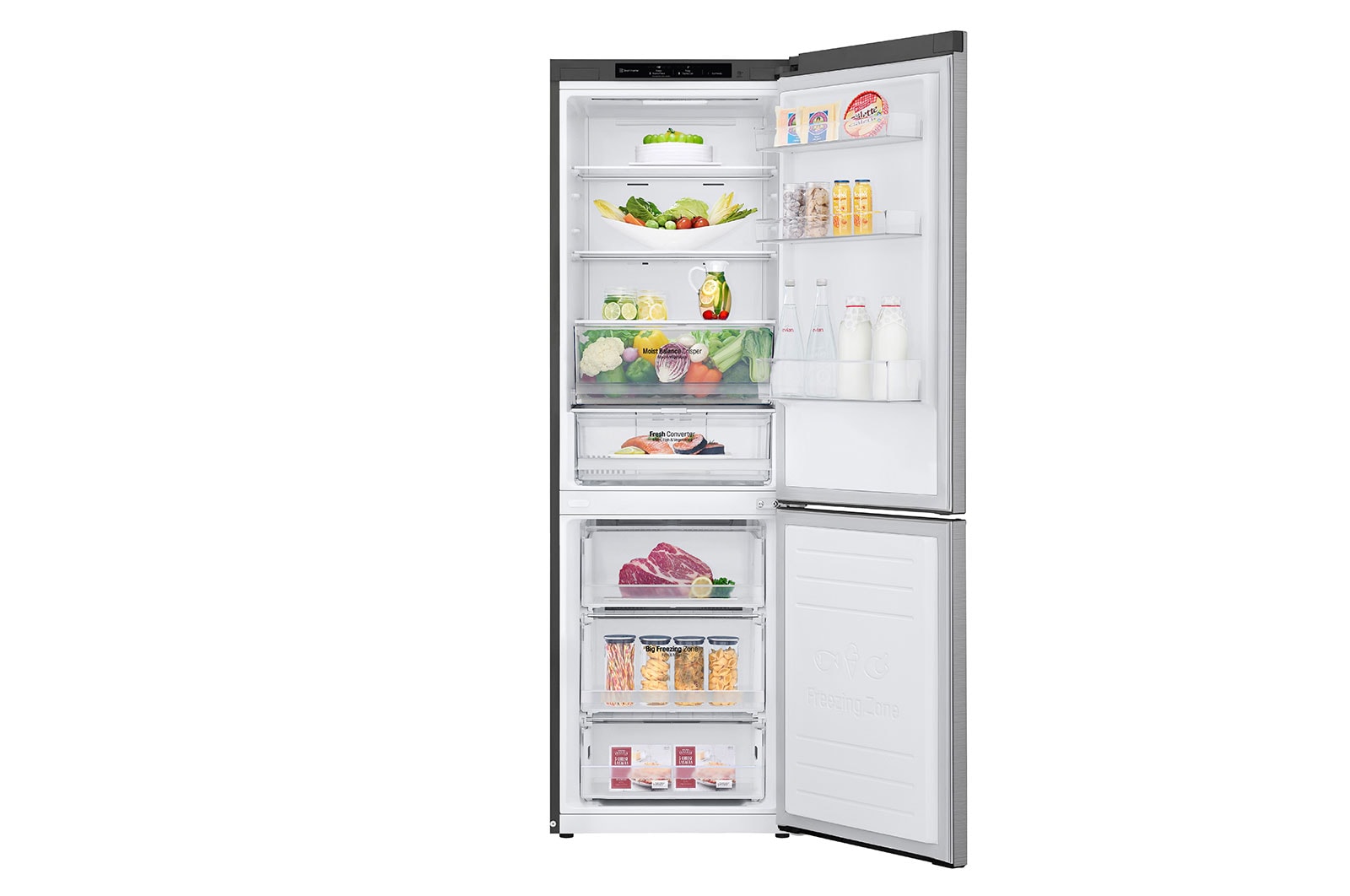 LG 1.86M 341L Kølefryseskab(Shiny Steel) - Energiklasse D, Nature Fresh, Door Cooling+™ og Smart Diagnosis™, GBB61PZGGN