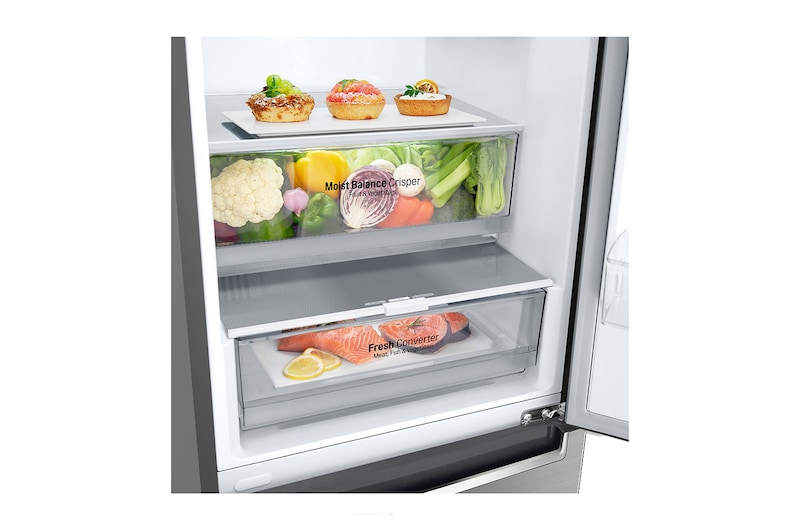 LG 1.86M 341L Kølefryseskab(Shiny Steel) - Energiklasse D, Nature Fresh, Door Cooling+™ og Smart Diagnosis™, GBB61PZGGN