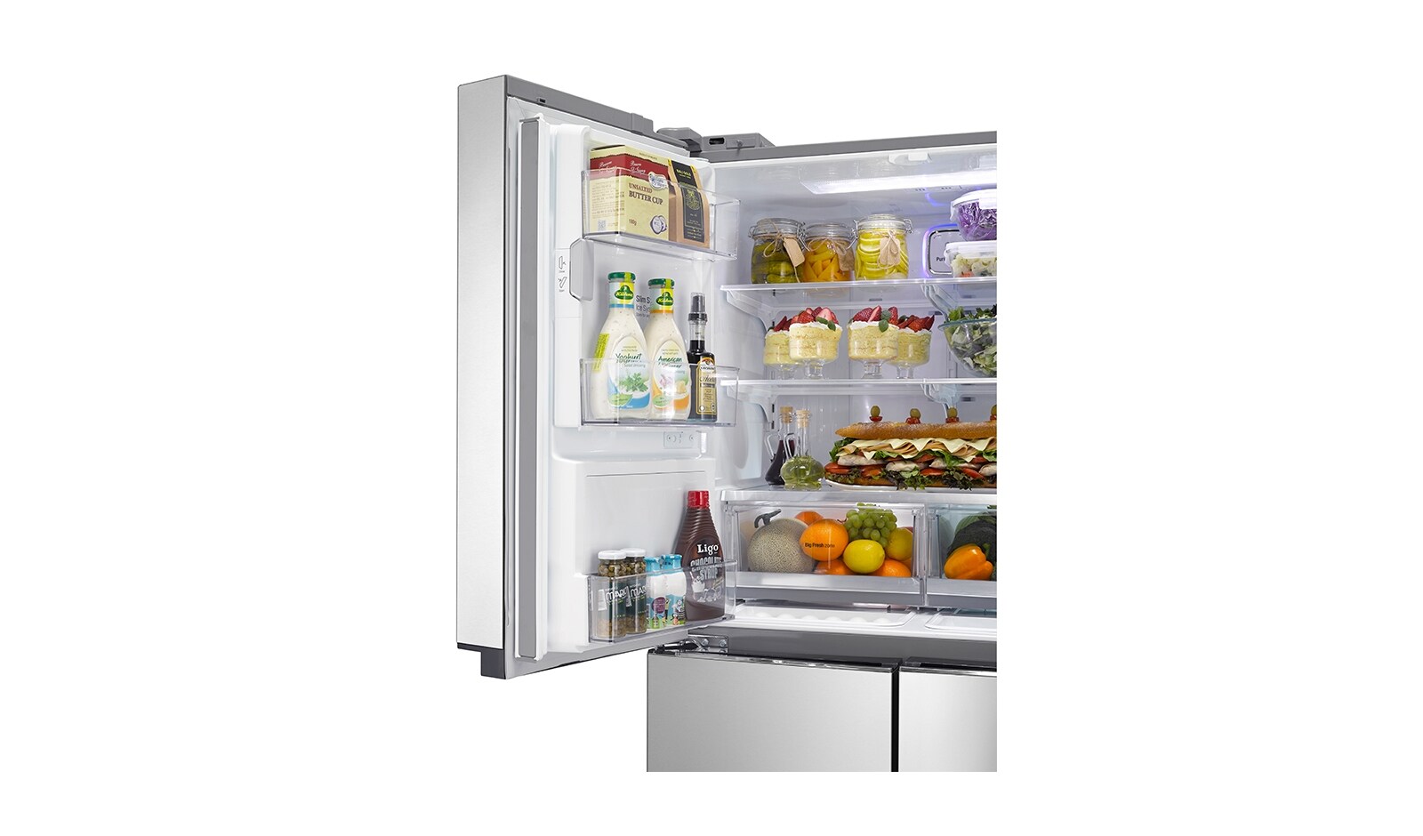 LG Afrimningsfrit A+ klasse French door-skab med dør-i-dør oplagring og dispenser for vand- og is med vandtilslutning (net 571 lL), GMJ916NSHV