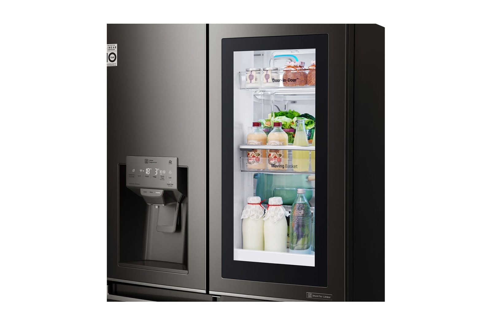 LG 571L InstaView Door in Door French Door (Sort) , Vand-/isdispenser med vandtilkobling og Smart Diagnosis™ med Wi-Fi, GMX936SBHV