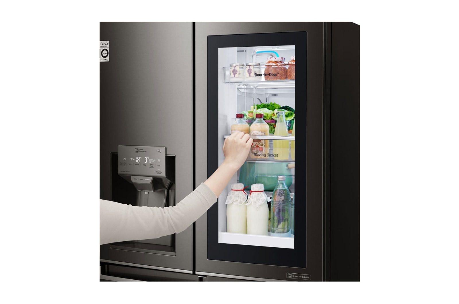 LG 571L InstaView Door in Door French Door (Sort) , Vand-/isdispenser med vandtilkobling og Smart Diagnosis™ med Wi-Fi, GMX936SBHV