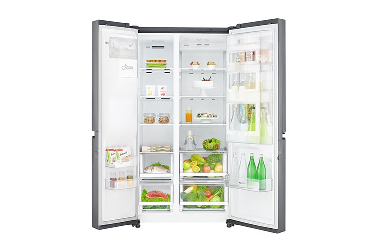 LG 625L Side by Side (Shiny Steel) Energiklasse F, Vand-/isdispenser med vandtilkobling, Smart Diagnosis™ med Wi-Fi, GSJ760PZXV