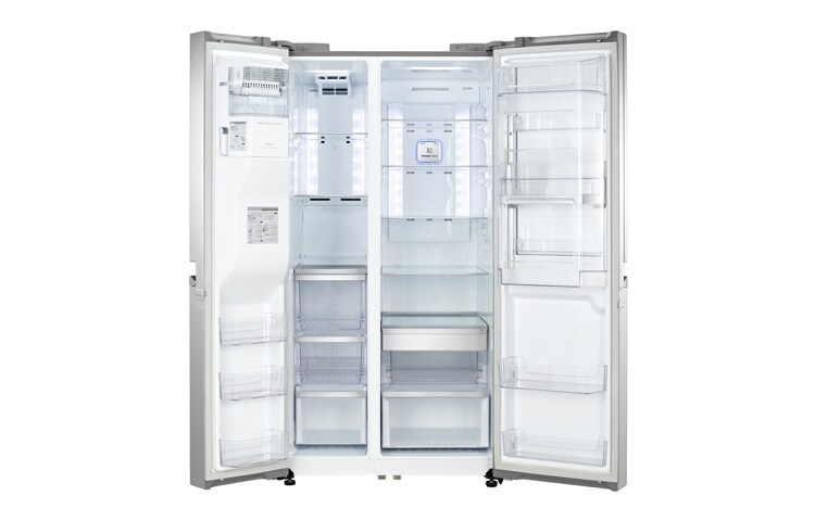 LG  Afrimningsfrit side-by-side-skab med dør-i-dør oplagring og dispenser for vand- og is (596 L), GSJ976NSBZ