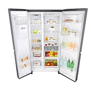 LG 625L Side by Side (Shiny Steel) - Energiklasse E, Vand-/isdispenser med vandtilkobling og Smart Diagnosis™ med Wi-Fi, GSL460ICEE
