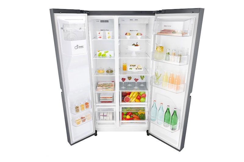 LG 625L Side by Side (Shiny Steel) - Energiklasse E, Vand-/isdispenser med vandtilkobling og Smart Diagnosis™ med Wi-Fi, GSL460ICEE