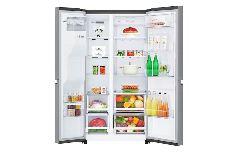 LG 625L Side by Side (Shiny Steel) - Energiklasse E, Vand-/isdispenser med vandtilkobling og Smart Diagnosis™ med Wi-Fi, GSL460ICEE