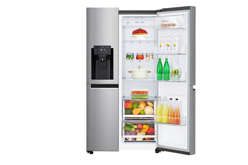 LG 625L Side by Side (Shiny Steel) - Energiklasse E, Vand-/isdispenser med vandtilkobling og Smart Diagnosis™ med Wi-Fi, GSL460ICEE