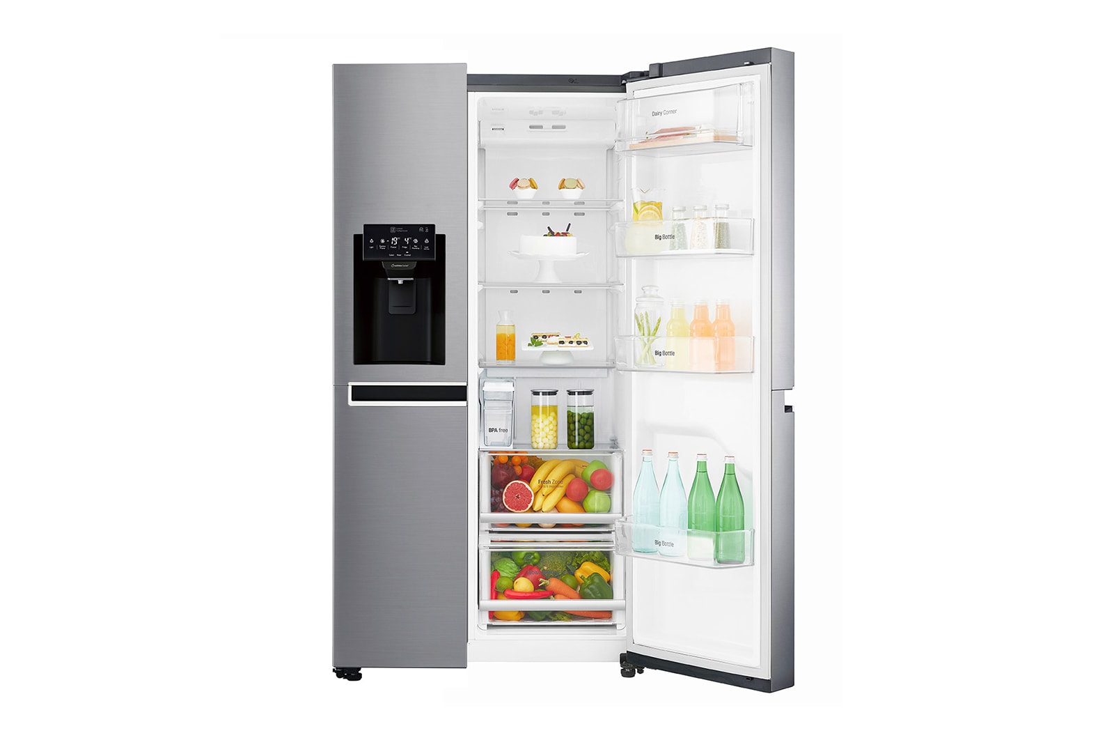 LG 625L Side by Side (Shiny Steel) - Is og vand dispenser Energiklasse F Vand-/isdispenser uden vandtilkobling, Smart Diagnosis™ med Wi-Fi, GSL761PZUZ