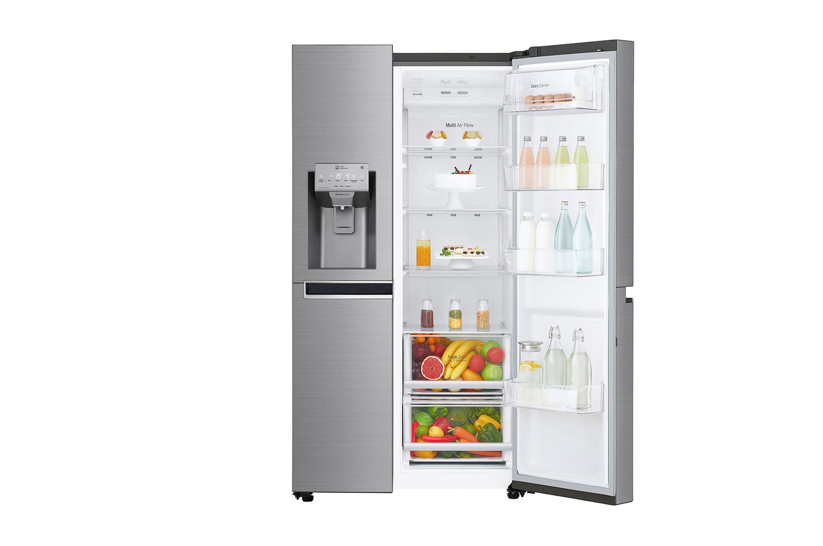 LG 625L Side by Side (Shiny Steel), Is og vand dispenser, Energiklasse F, Vand-/isdispenser med vandtilkobling, Smart Diagnosis™ med Wi-Fi, GSL960PZUZ