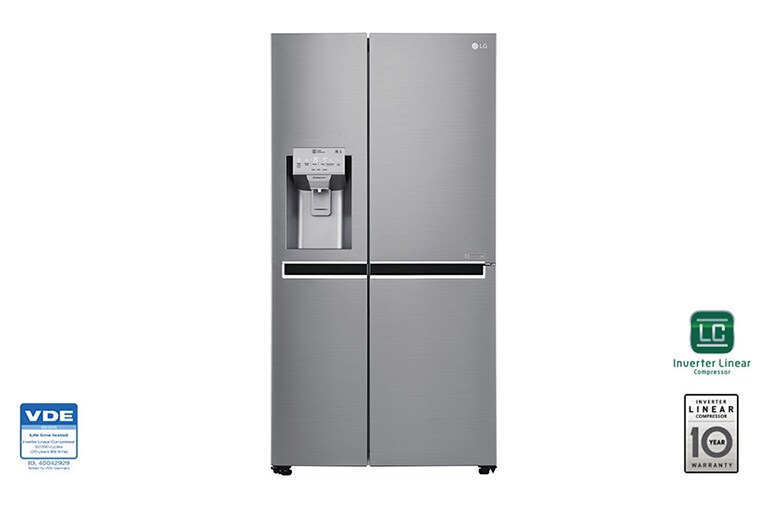 Visning forfra af 625L Side by Side (Shiny Steel) Energiklasse F, Vand-/isdispenser uden vandtilkobling, Smart Diagnosis™ med Wi-Fi GSL961PZUZ