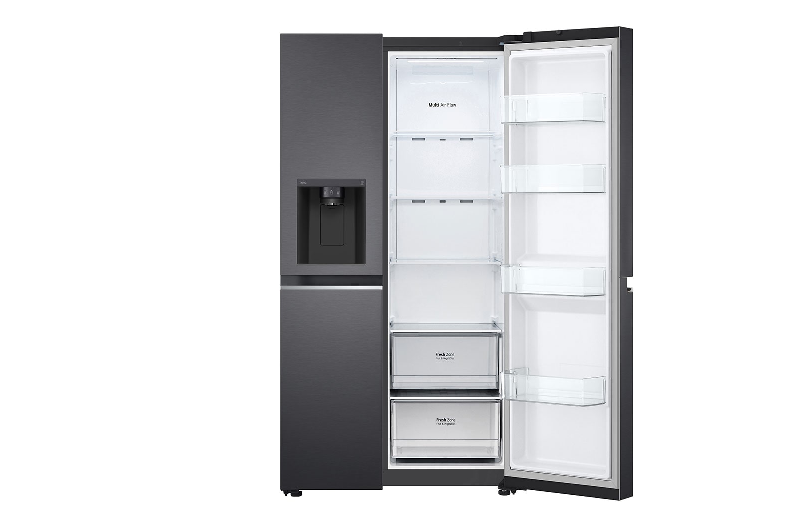 LG 635L Side by Side (Matte Black Stainless Steel), Energiklasse F, Vand-/isdispenser med vandtilkobling, Smart Diagnosis™ med Wi-Fi, GSLV70MCTM