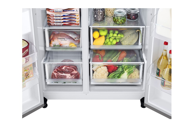 LG 635L Side by Side (Shiny Steel), Is og vand dispenser, Energiklasse E, Vand-/isdispenser med vandtilkobling, Smart Diagnosis™ med Wi-Fi, GSLV70PZLE
