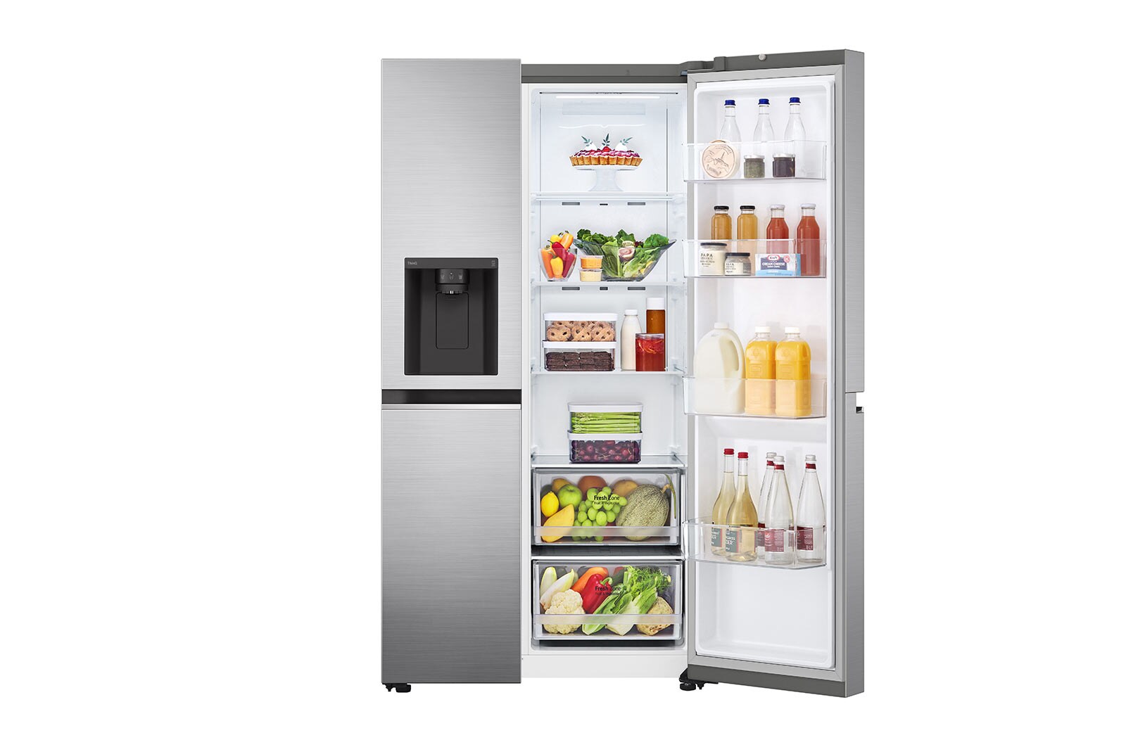 LG 635L Side by Side (Shiny Steel), Is og vand dispenser, Energiklasse E, Vand-/isdispenser med vandtilkobling, Smart Diagnosis™ med Wi-Fi, GSLV70PZLE