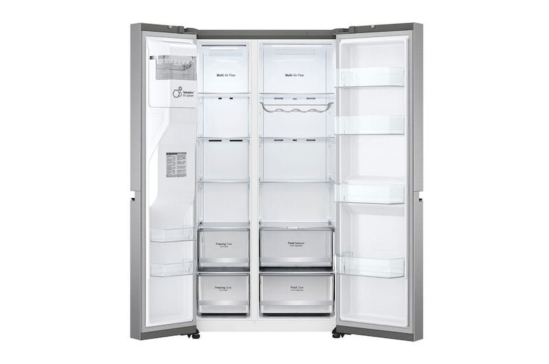 LG 635L Side by Side (Shiny Steel), Is og vand dispenser, Energiklasse E, Vand-/isdispenser med vandtilkobling, Smart Diagnosis™ med Wi-Fi, GSLV70PZLE