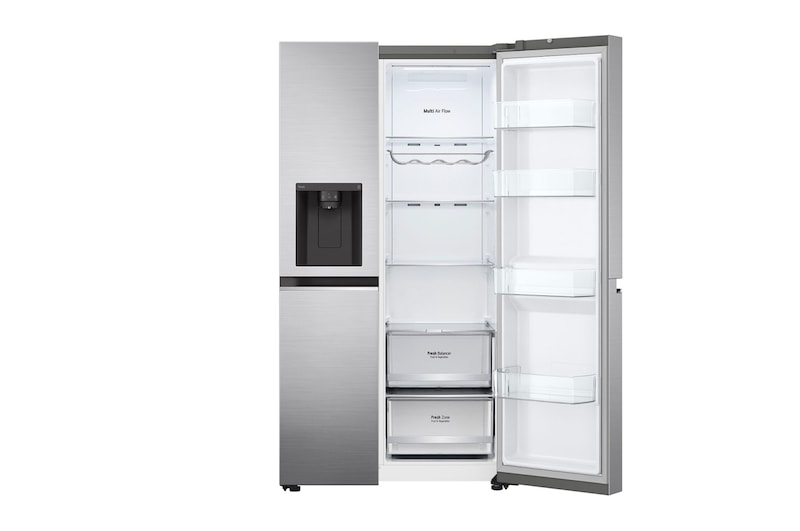 LG 635L Side by Side (Shiny Steel), Is og vand dispenser, Energiklasse E, Vand-/isdispenser med vandtilkobling, Smart Diagnosis™ med Wi-Fi, GSLV70PZLE