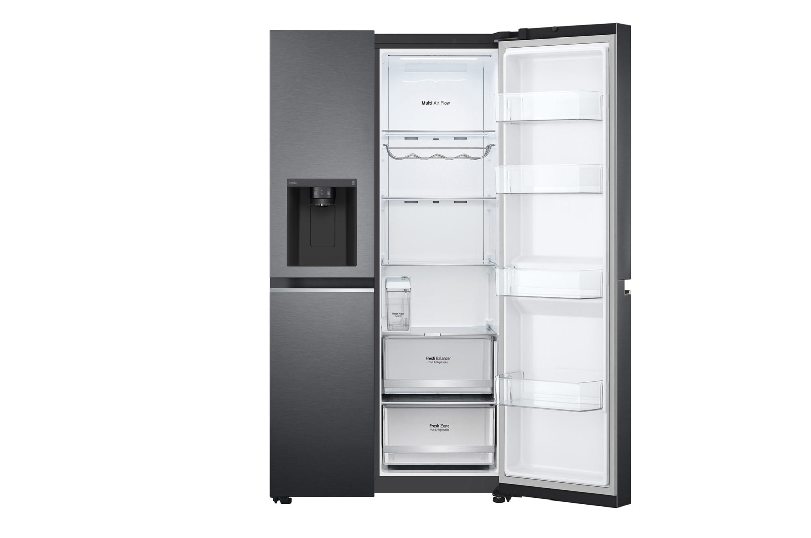 LG 635L Side by Side (Matte Black Steel), Is og vand dispenser, Energiklasse E, Vand-/isdispenser uden vandtilkobling, Smart Diagnosis™ med Wi-Fi, GSLV71MCLE