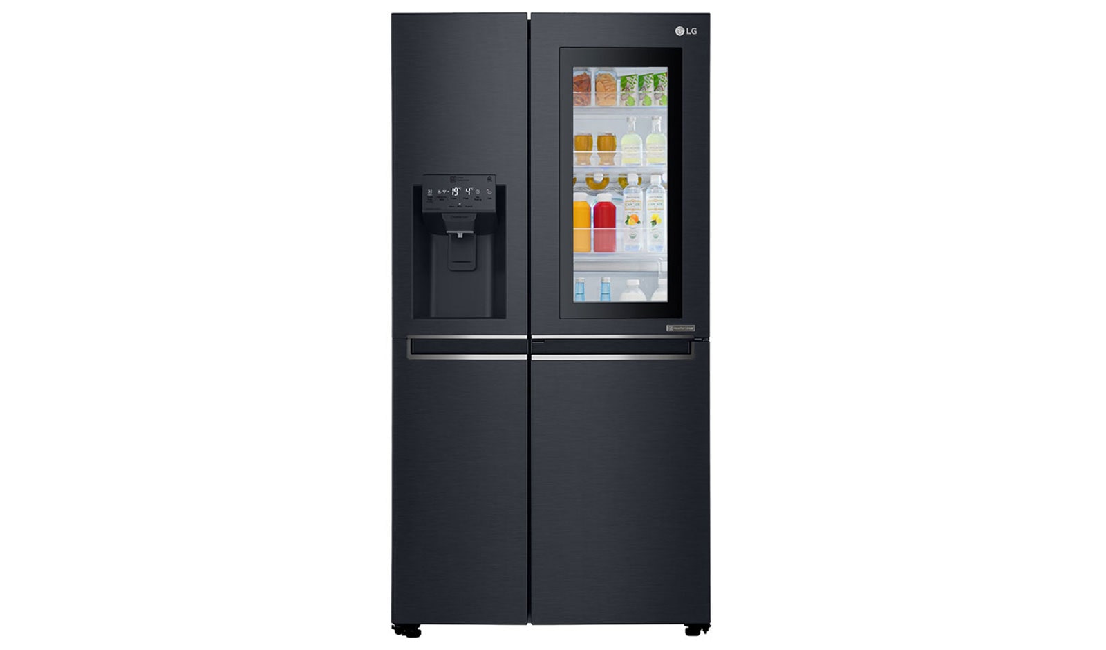 Visning forfra af 625L InstaView Door in Door™ Side by Side (Matte Black), Energiklasse F, Vand-/isdispenser med vandtilkobling, Smart Diagnosis™ med Wi-Fi GSX960MTAZ