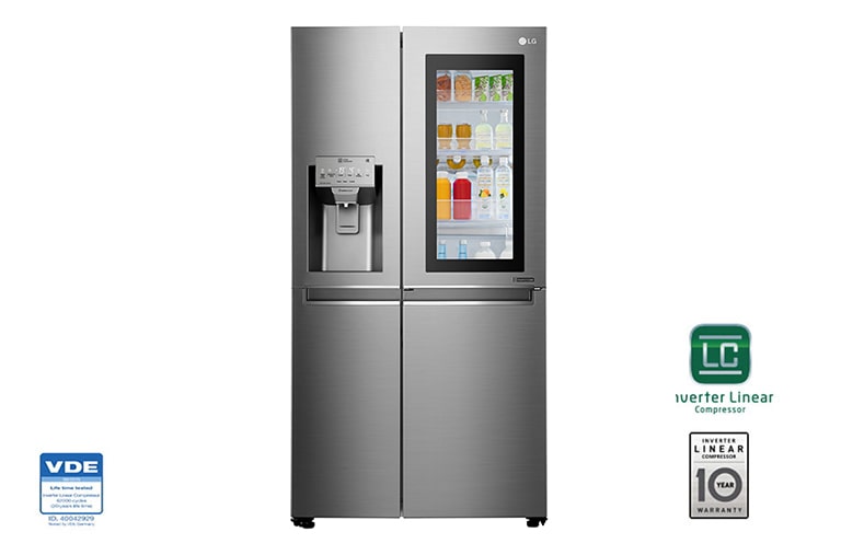 Visning forfra af 625L InstaView Door in Door™ Side by Side (Noble Steel) Energiklasse F Plumbing, Smart Diagnosis™ med wifi GSX960NSAZ
