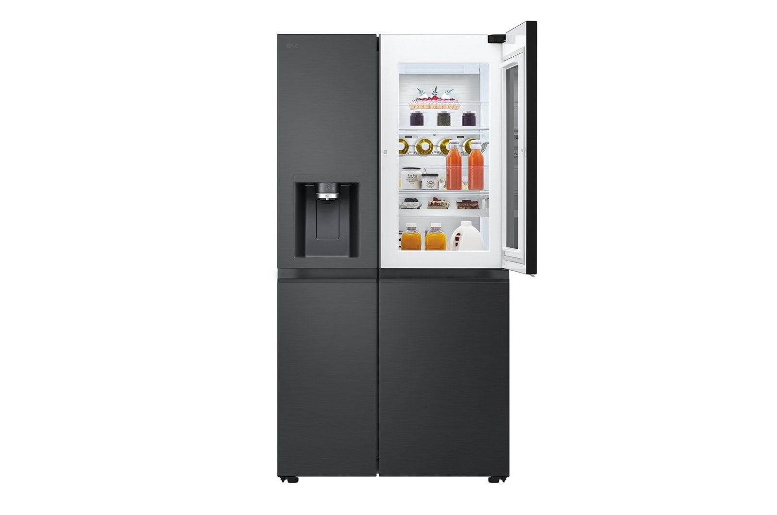 LG 628L InstaView Door in Door™ Side by Side (Essence Black), Energiklasse D, Vand-/isdispenser uden vandtilkobling, Smart Diagnosis™ med Wi-Fi, GSXE91EVAD