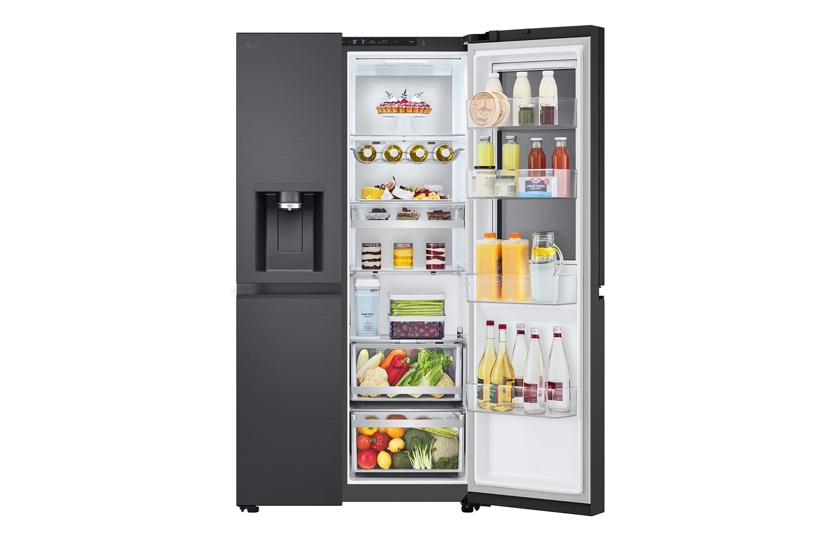 LG 628L InstaView Door in Door™ Side by Side (Essence Black), Energiklasse D, Vand-/isdispenser uden vandtilkobling, Smart Diagnosis™ med Wi-Fi, GSXE91EVAD