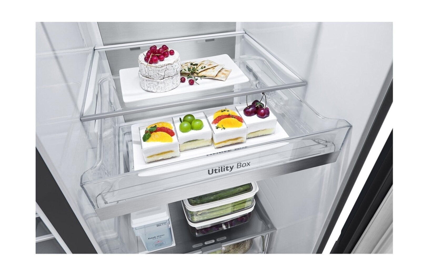 LG 628L InstaView Door in Door™ Side by Side (Essence Black), Energiklasse D, Vand-/isdispenser uden vandtilkobling, Smart Diagnosis™ med Wi-Fi, GSXE91EVAD