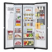 LG 628L InstaView Door in Door™ Side by Side (Essence Black), Energiklasse D, Vand-/isdispenser uden vandtilkobling, Smart Diagnosis™ med Wi-Fi, GSXE91EVAD