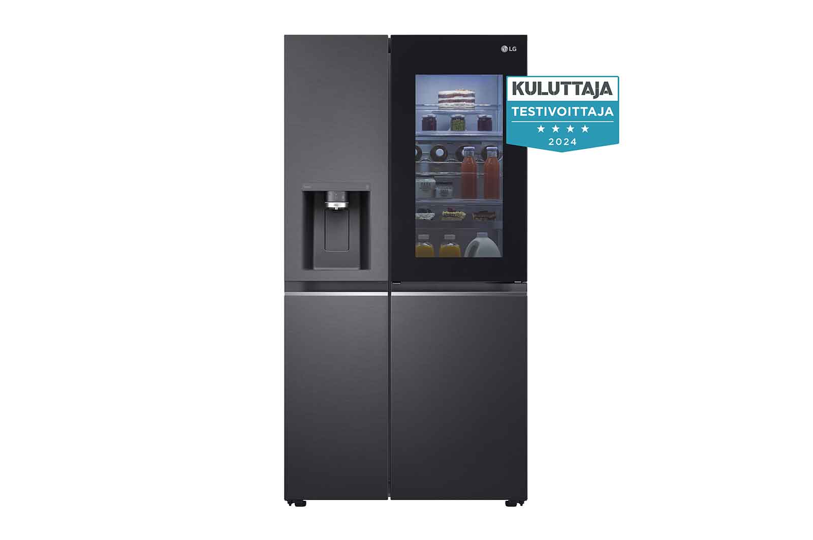 Visning forfra af  635L InstaView Door in Door™ Side by Side (Matte Black Steel), Energiklasse E, Vand-/isdispenser uden vandtilkobling, Smart Diagnosis™ med Wi-Fi GSXV91MCAE