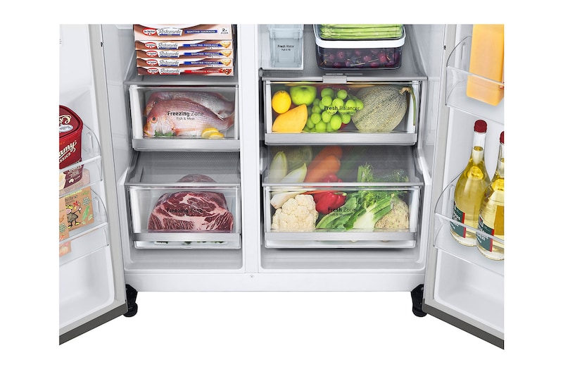 LG 635L InstaView Door in Door™ Side by Side (Shiny Steel), Energiklasse E, Vand-/isdispenser uden vandtilkobling, Smart Diagnosis™ med Wi-Fi, GSXV91PZAE