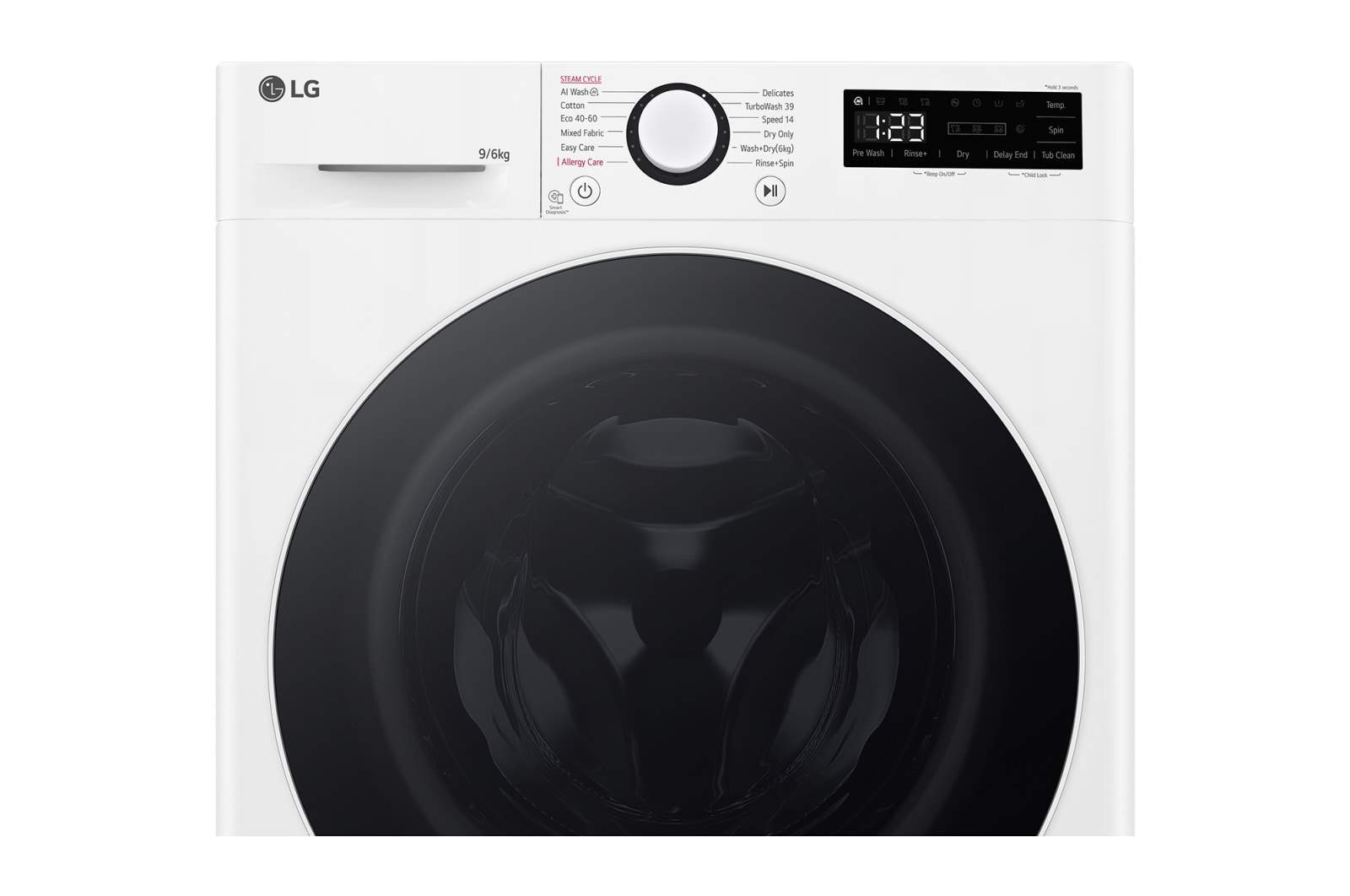 LG 9kg / 6 kg Kombineret vaskemaskine/tørretumbler(Hvid) - Steam, Energiklasse A/D, TurboWash™360, AI DD™, Smart Diagnosis™, CV50T6S2E1
