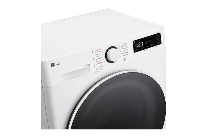 LG Slim 9 kg / 5 kg Kombineret vaskemaskine/tørretumbler(Hvid) - Steam, Energiklasse A/E, AI DD™, Smart Diagnosis™, 47,5cm dybde, CV92T5S4SQE