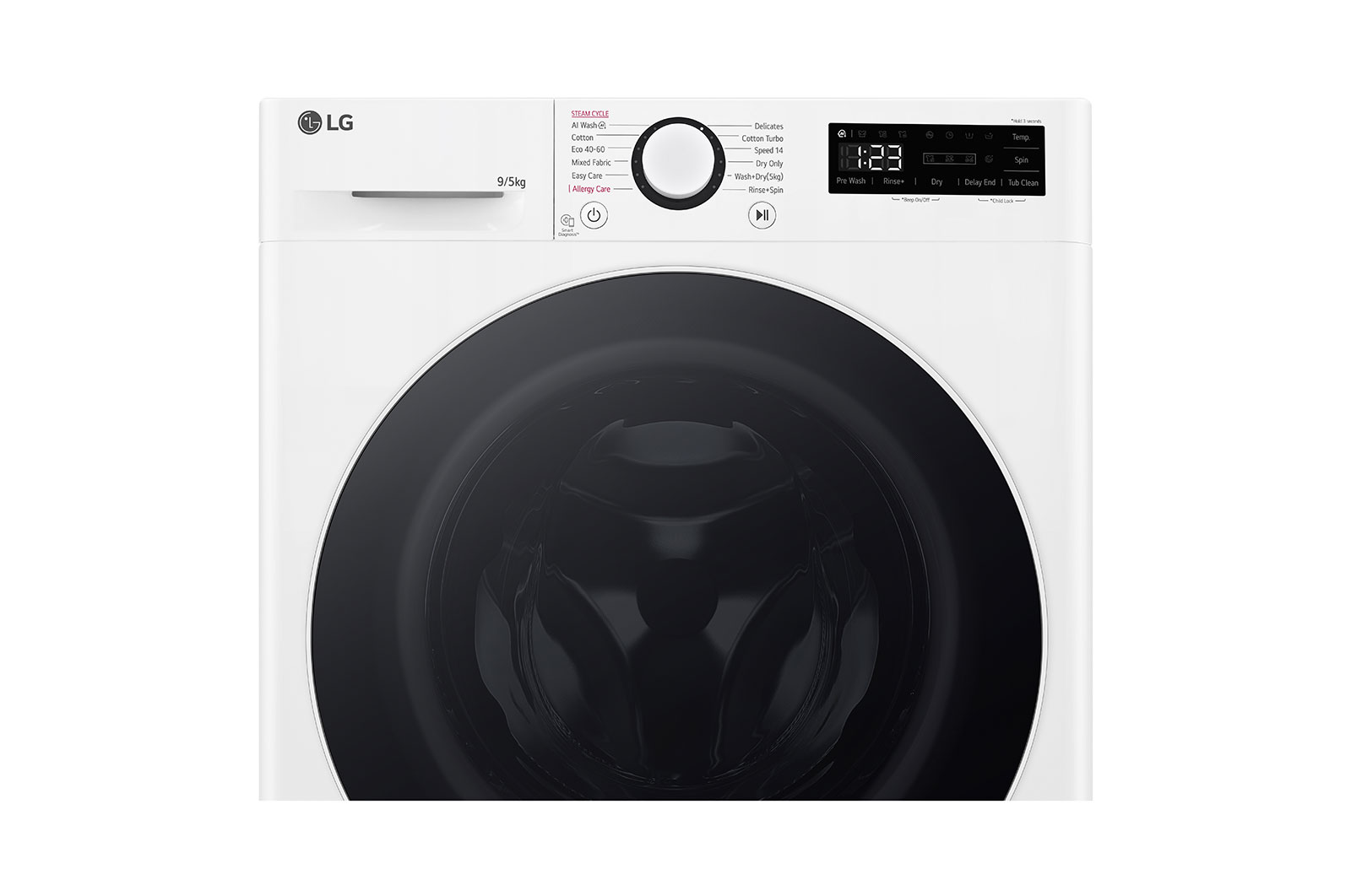 LG Slim 9 kg / 5 kg Kombineret vaskemaskine/tørretumbler(Hvid) - Steam, Energiklasse A/E, AI DD™, Smart Diagnosis™,  47,5cm dybde, CV92T5S4SQE