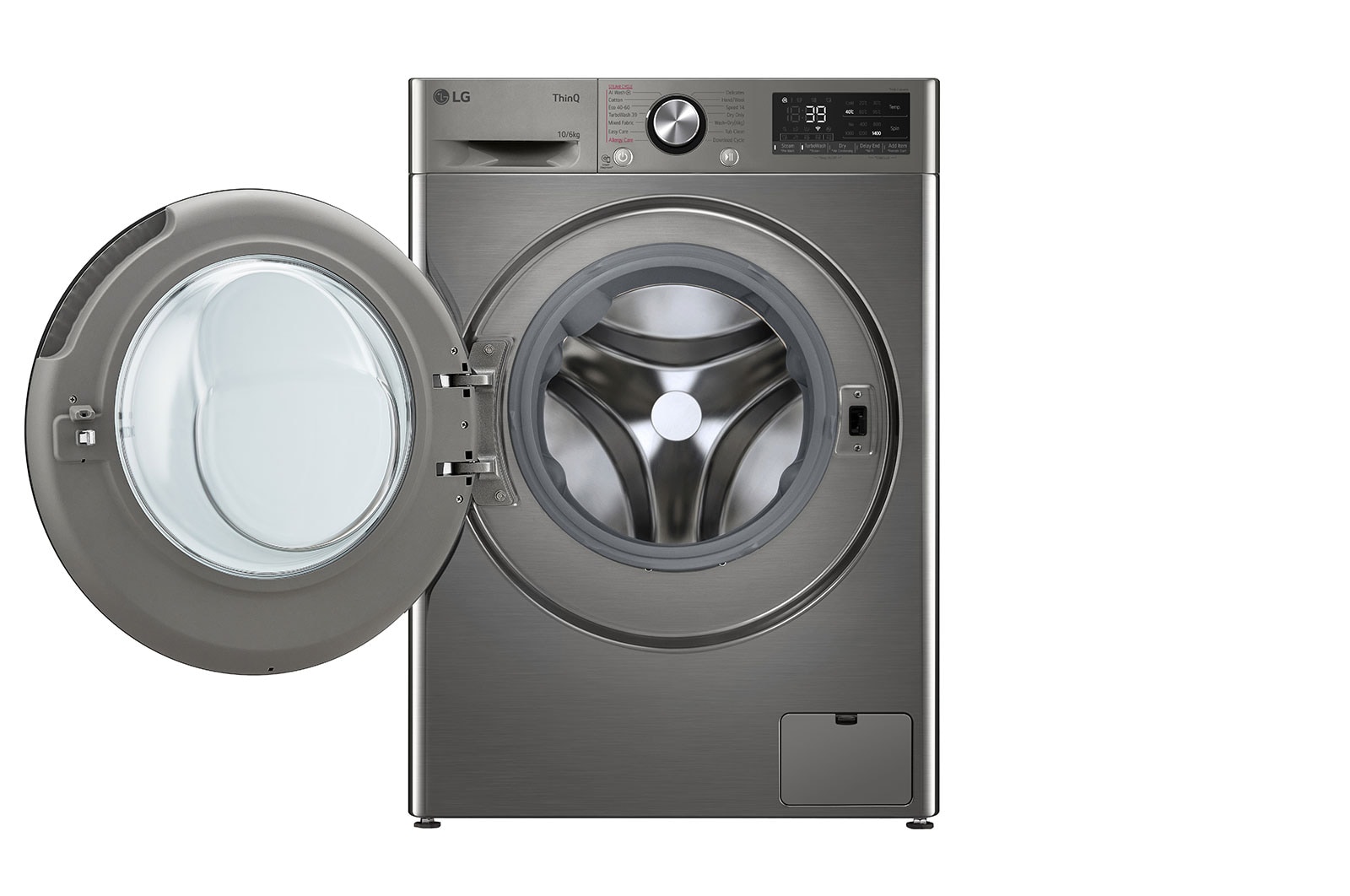LG 10 kg / 6 kg Kombineret vaskemaskine/tørretumbler(Platinum Silver) - Steam, Energiklasse A/D, TurboWash™360, AI DD™, Smart Diagnosis™ med Wi-Fi, CV94V7S2QN