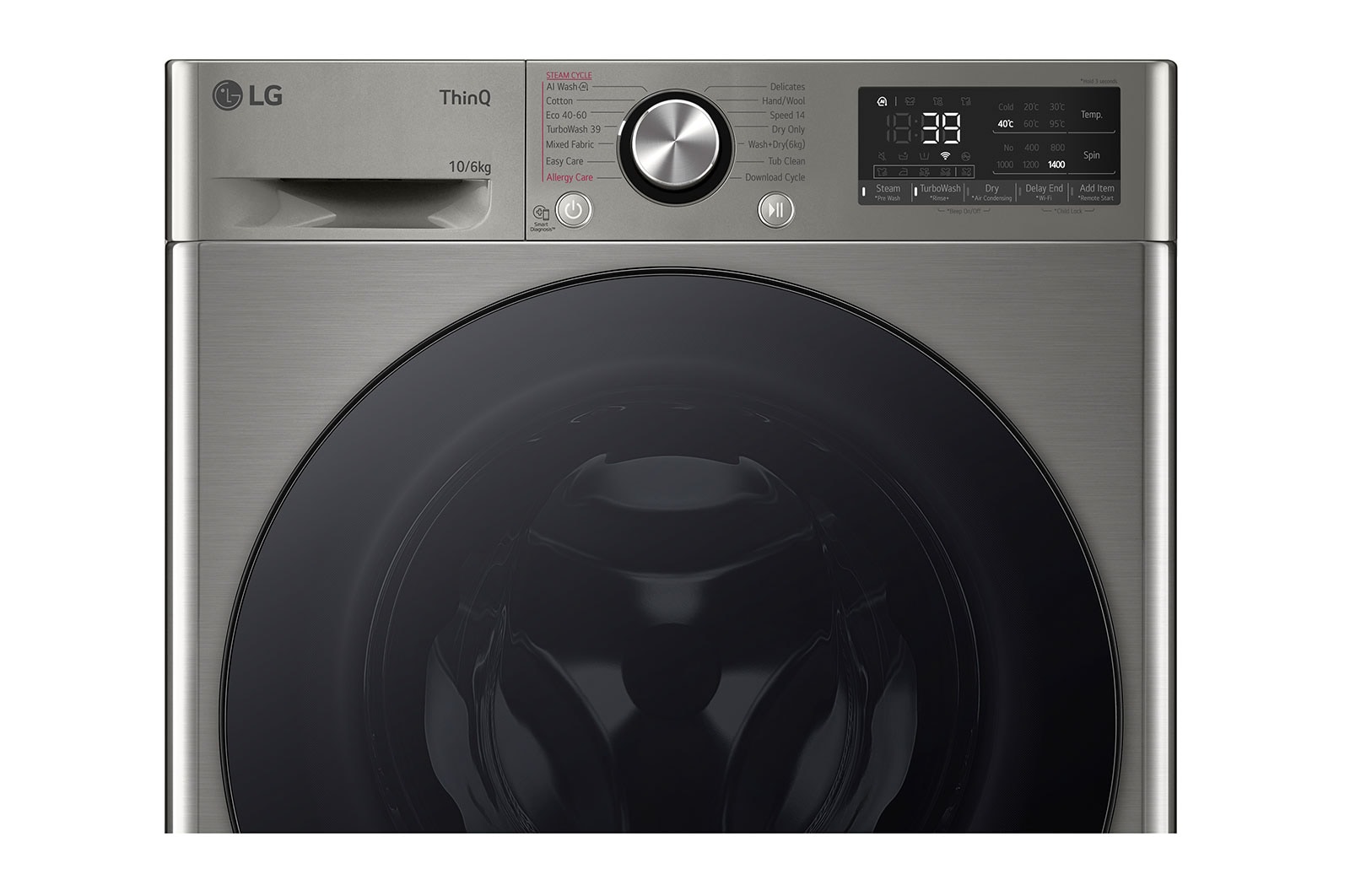 LG 10 kg / 6 kg Kombineret vaskemaskine/tørretumbler(Platinum Silver) - Steam, Energiklasse A/D, TurboWash™360, AI DD™, Smart Diagnosis™ med Wi-Fi, CV94V7S2QN