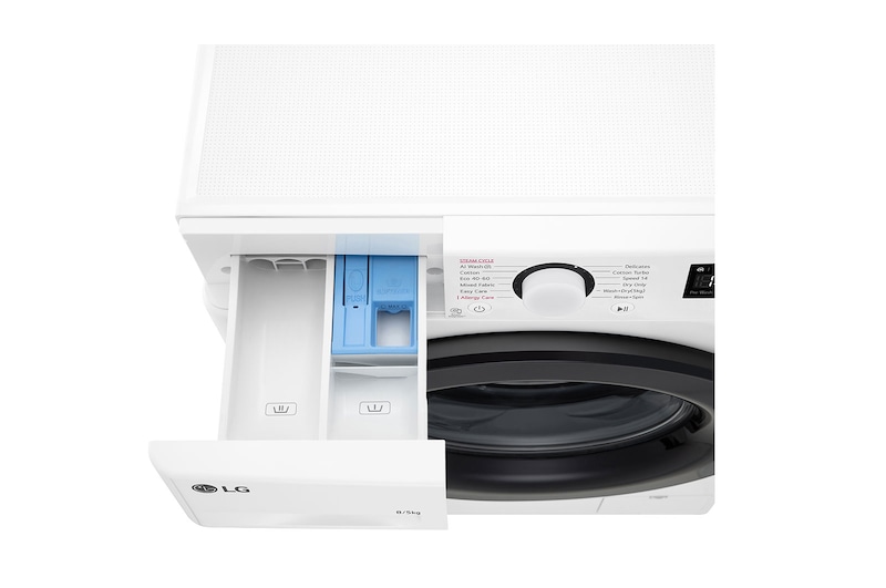 LG Slim 8 kg / 5 kg Kombineret vaskemaskine/tørretumbler(Hvid) - Steam, Energiklasse A/E, AI DD™, Smart Diagnosis™, F2Y5PRP6W