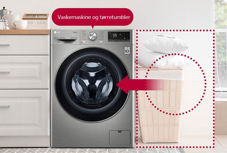 Dette er et billede af en kombineret vaske/tør maskine, der sparer plads i huset og vasketid.