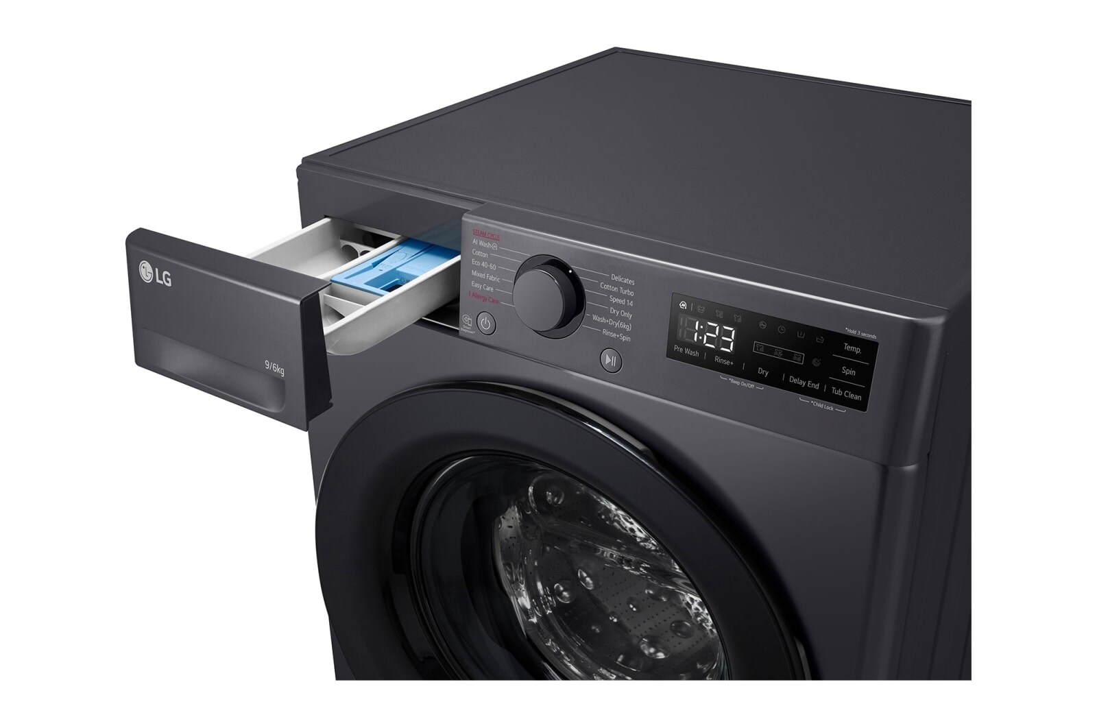 LG 9 kg / 6 kg Kombineret vaskemaskine/tørretumbler(Sort) - Steam, Energiklasse A/D, AI DD™, Smart Diagnosis™, P4Y5VRP6J