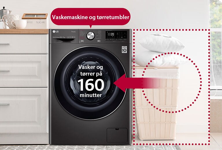 Dette er et billede af en kombineret vaske/tør maskine, der sparer plads i huset og vasketid.
