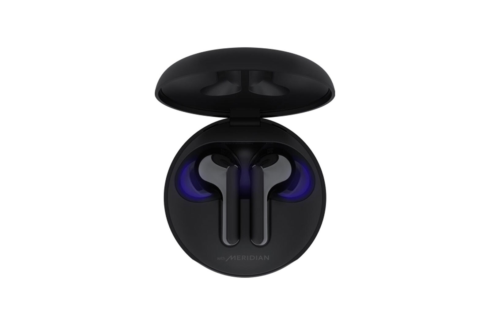 A top view of a cradle opened up and two earbuds inside it with UV lighting on