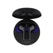 A top view of a cradle opened up and two earbuds inside it with UV lighting on