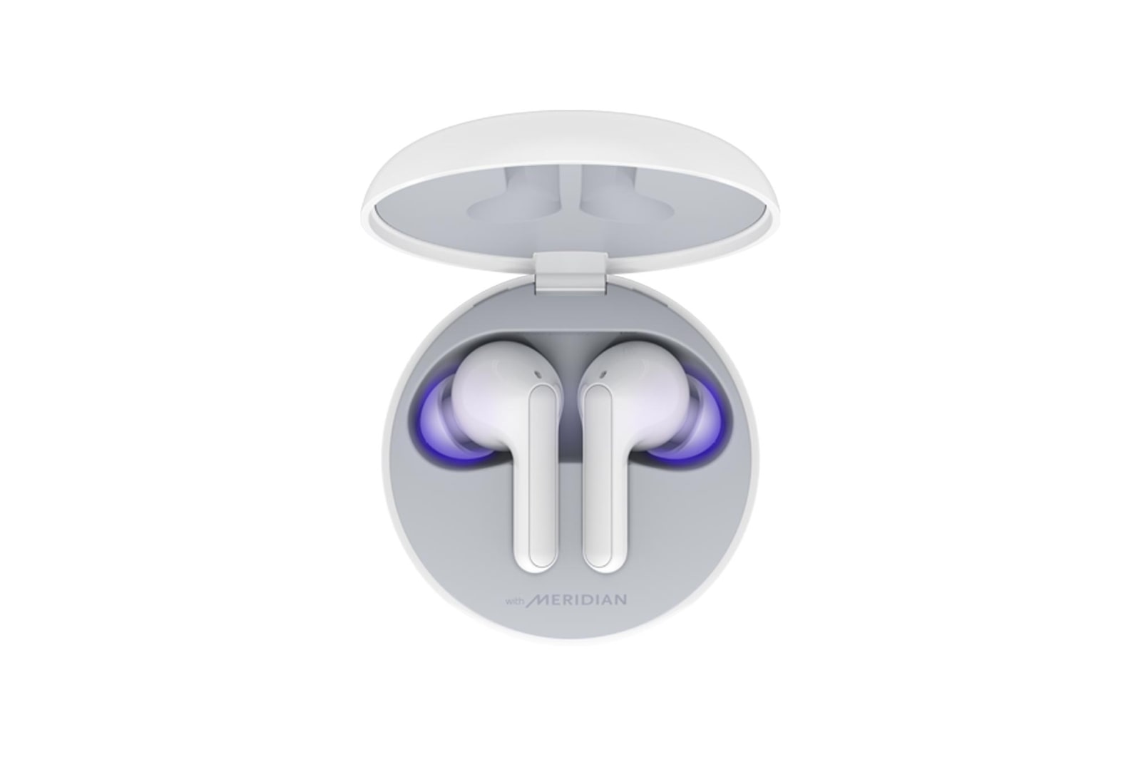 A top view of a cradle opened up and two earbuds inside it with UV lighting on