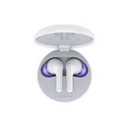 A top view of a cradle opened up and two earbuds inside it with UV lighting on