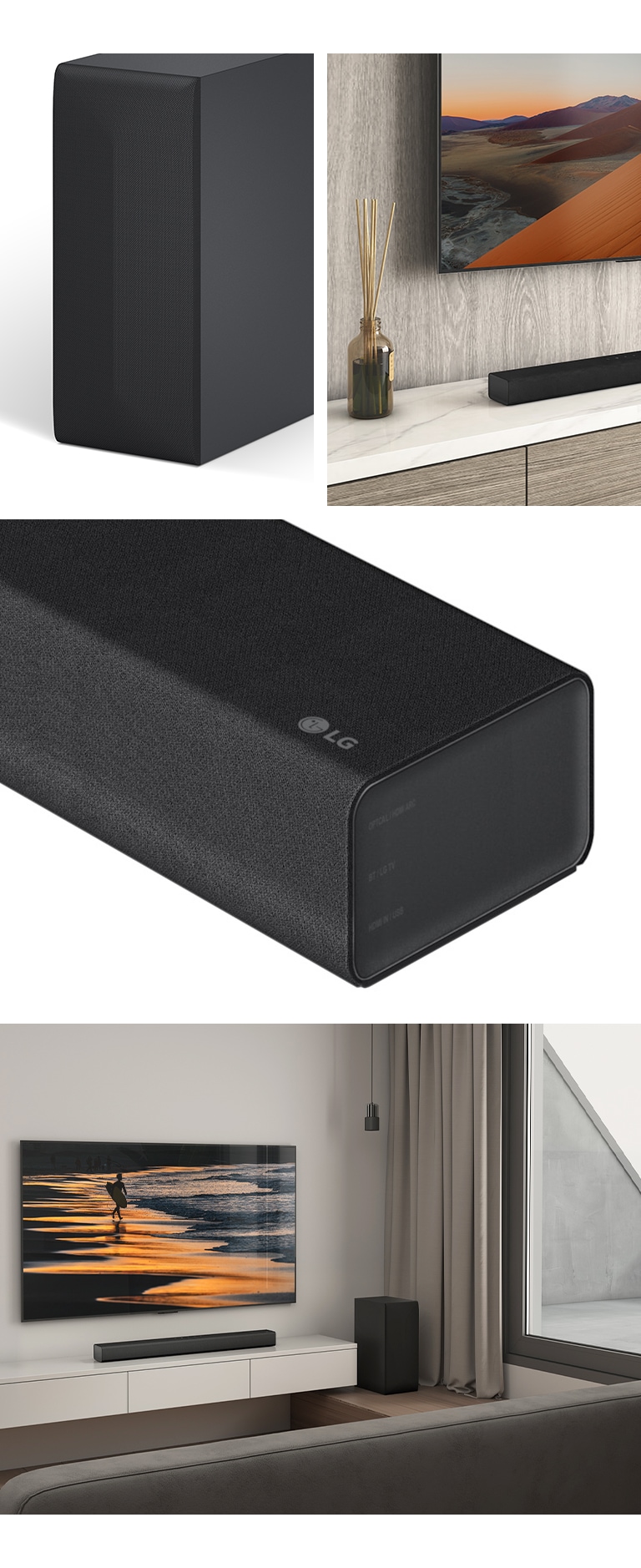 Fra venstre vises et billede af en baghøjttaler, et nærbillede af et LG TV, der viser bjerget på skærmen, og en LG Soundbar nedenfor. Til højre, med uret fra top til bund: nærbillede af LG Soundbar. Et LG TV, der viser en strand ved solnedgang, og en LG Soundbar og en baghøjttaler er placeret i stuen.