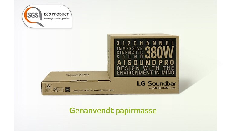 Der er et SGS ECO PRODUCT-logo i øverste venstre hjørne. Der er et gråt forbudt-mærke på Styrofoam-billedey til venstre og en emballageboks til højre.