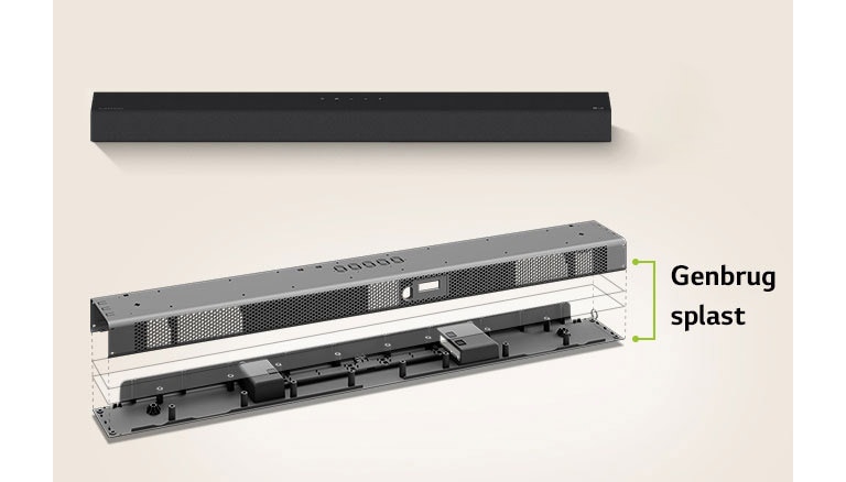 Der er et frontbillede af en soundbar bagved og et metalrammebillede af en soundbar foran.