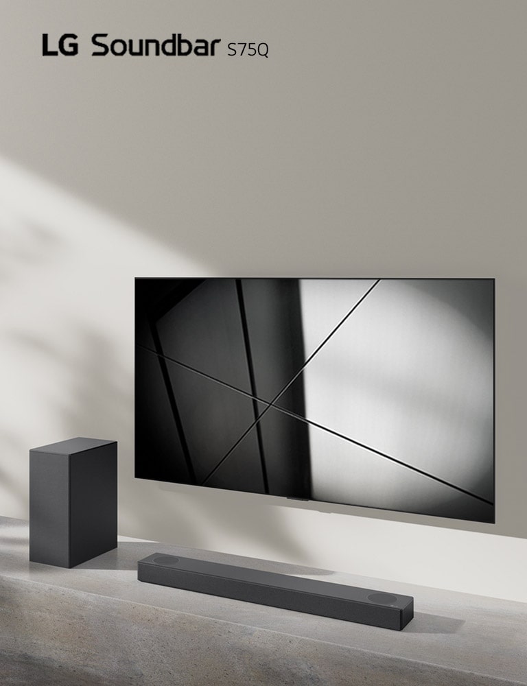 LG Soundbar S65Q og LG TV er placeret sammen i stuen. TV'et er tændt og viser et sort/hvidt billede.