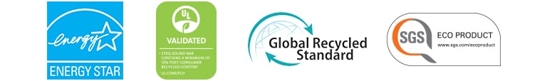 Fra venstre vises ENERGY STAR (logo), UL VALIDATED (logo), Global Recycled Standard (logo), SGS ECO PRODUCT (logo).